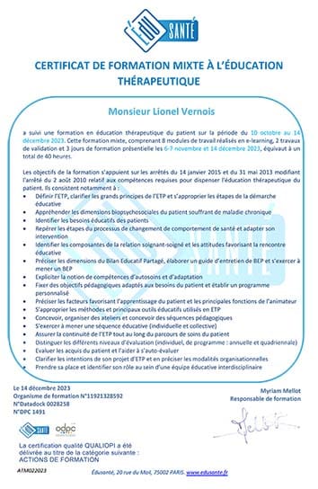 Certificat de formation mixte à l’éducation thérapeutique délivré à Monsieur Lionel Vernois, hypnothérapeute à Paris, attestant d’un parcours et de modules d’éducation du patient en bien-être.