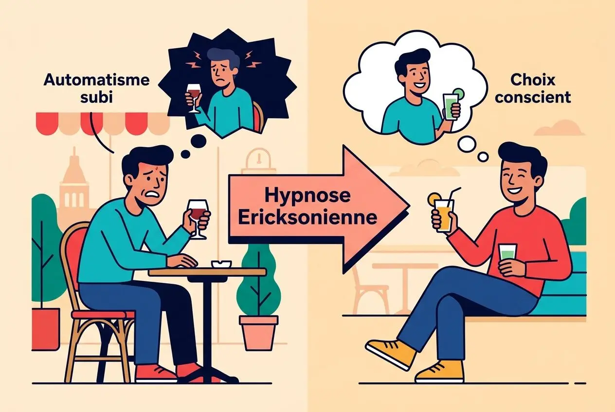 Allerverse image: deux personnes en terrasse, bière à la main, avec un grand fléau « Hypnose Ericksonienne » et des idées (« Automatisme subi », « Choix conscient »).