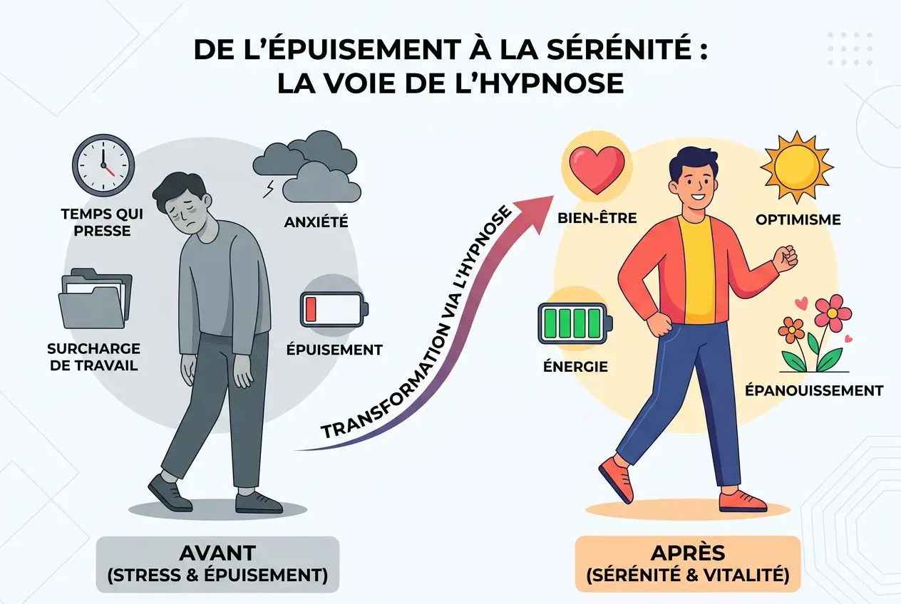 Alt text: Illustration montrant la transition de l’épuisement à la sérénité grâce à l’hypnose, avec un homme avant (stress et épuisement) puis après (bien-être, énergie, optimisme et épanouissement). Inclut les étiquettes: avant, surcharge de travail, anxiété, épuisement; après, énergie, bien-être, optimism, épanouissement. Intègre le mot-clé hypnose burn out récupérer énergie.