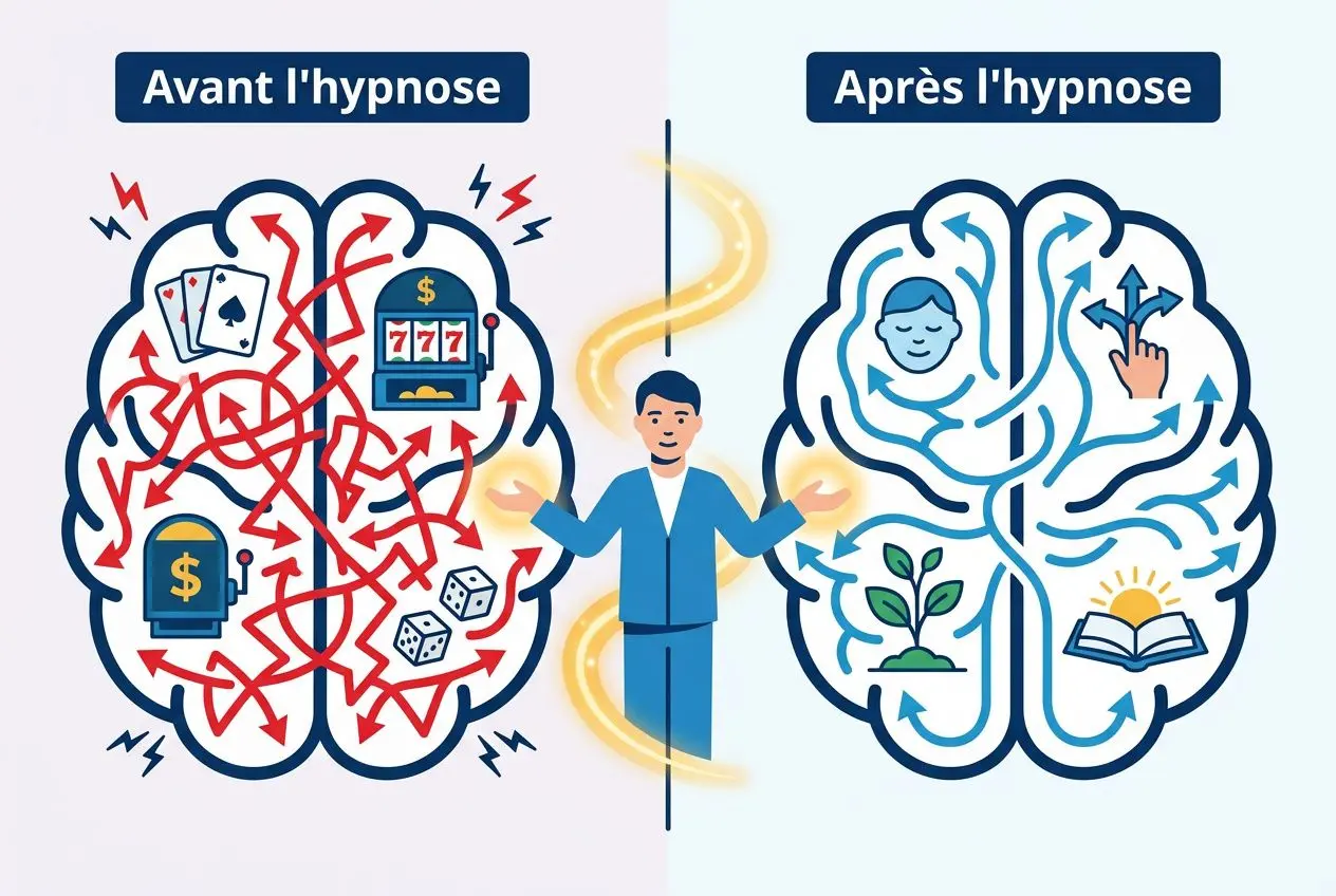 Avant l'hypnose et Après l'hypnose : un homme se libère des tentations liées aux jeux d'argent et trouve équilibre et sérénité mentale.