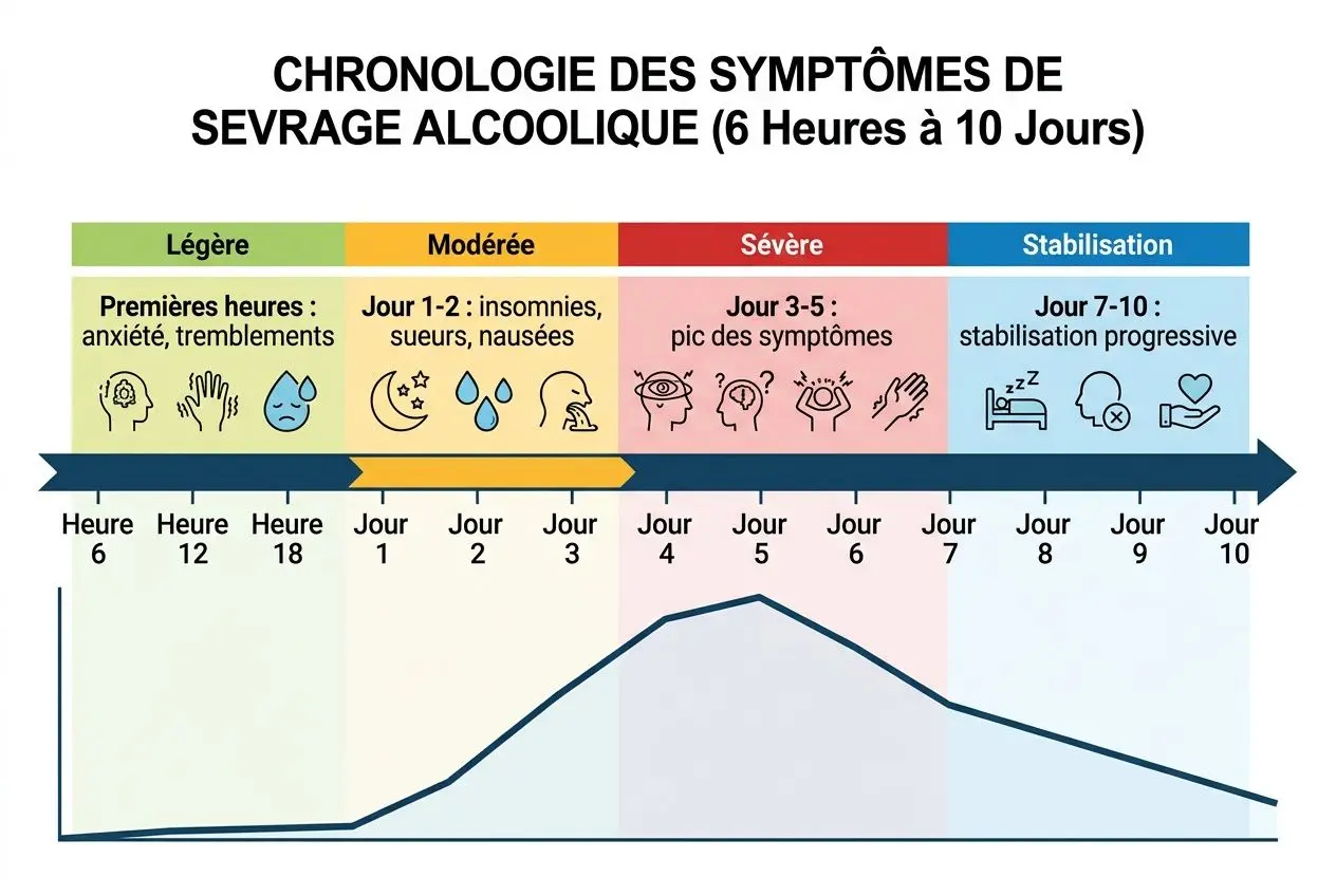 Diagramme de la chronologie des symptômes de sevrage alcoolique sur 6 à 10 jours, avec périodes légère à stabilisation et courbe temporelle.