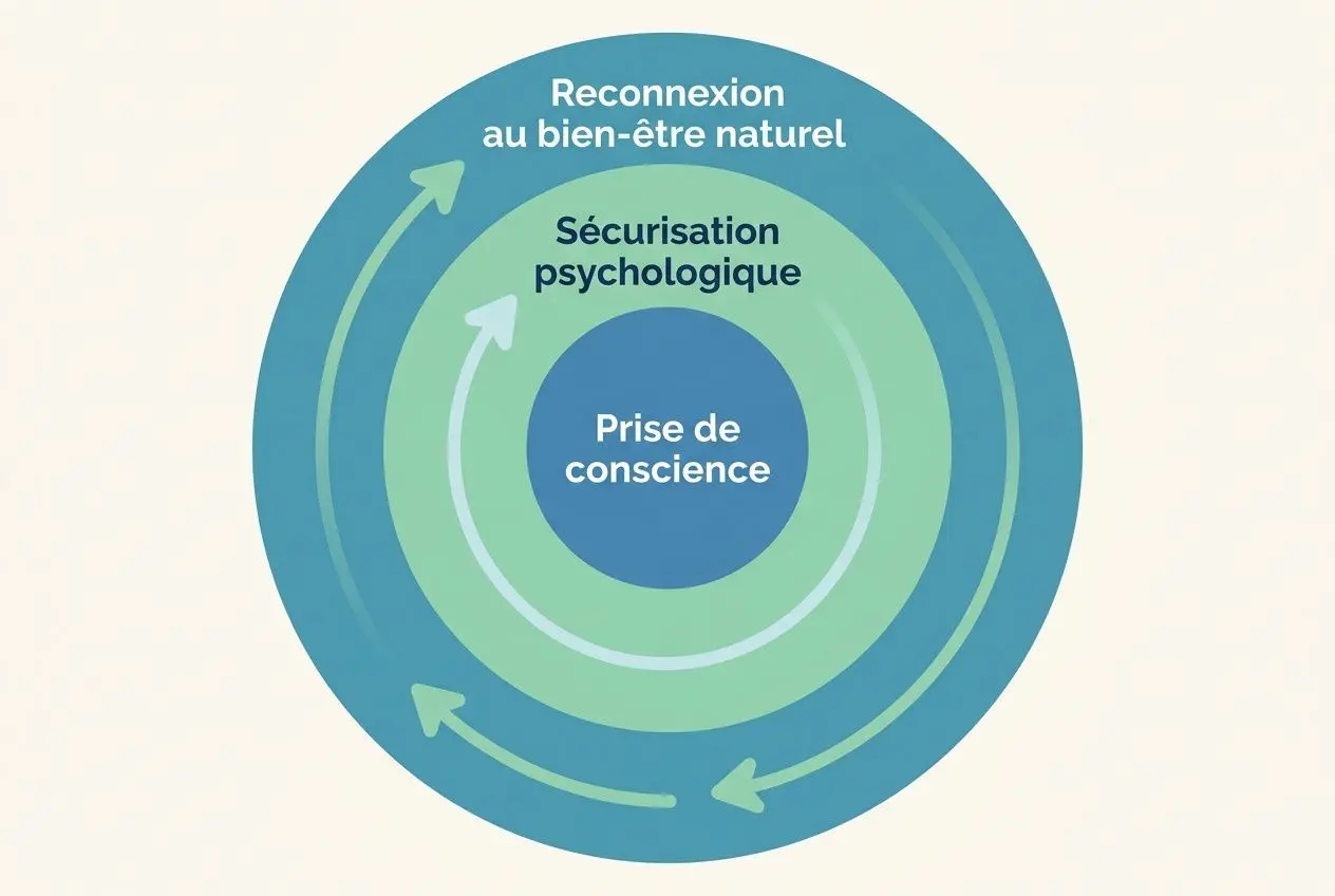 Diagramme circulaire montrant les étapes de bien-être: prise de conscience, sécurisation psychologique et reconnexion au bien-être naturel, avec des flèches indiquant un cycle continu. Intégration du concept anxiété sévère symptômes physiques fatigue.