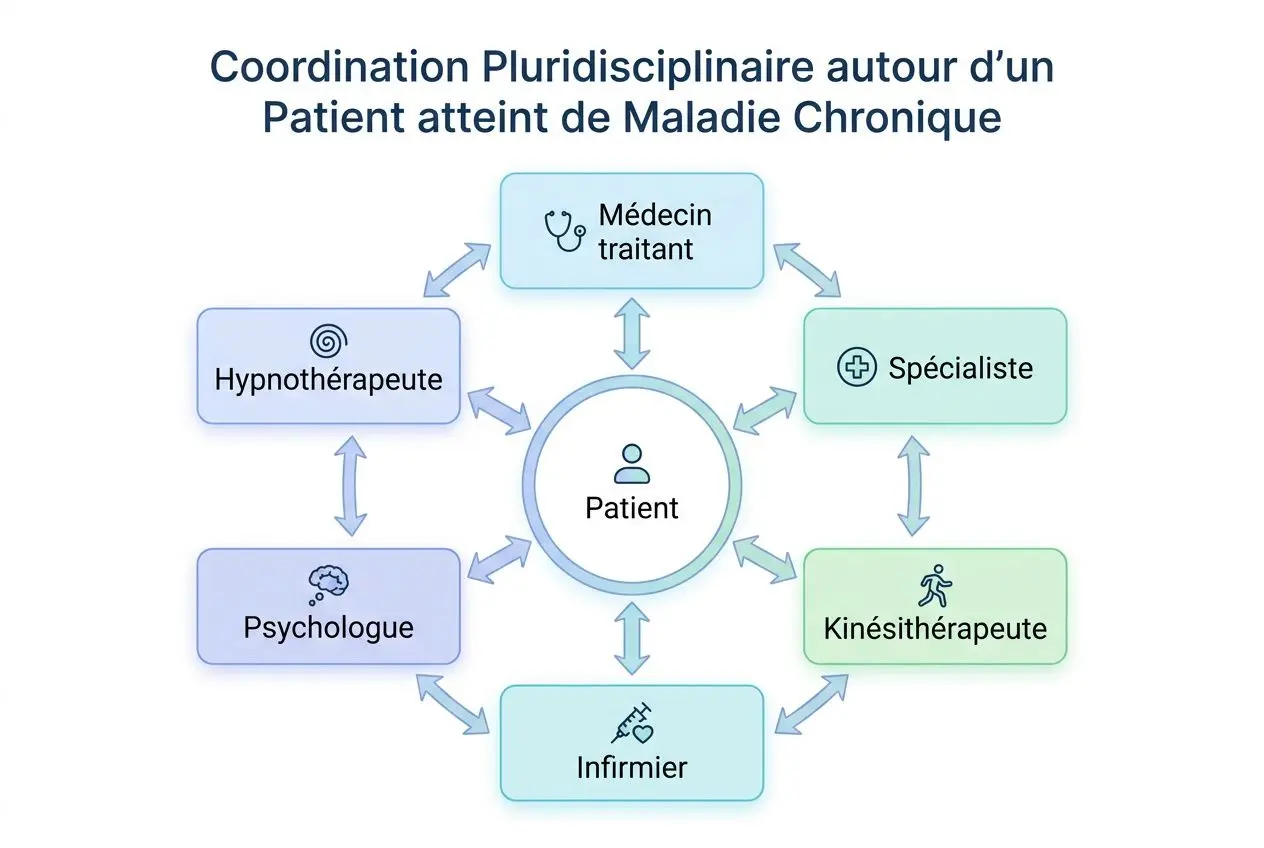 Diagramme de coordination pluridisciplinaire autour du patient atteint de maladie chronique, centralisé sur le patient avec médecins, spécialistes, kinésithérapeute, infirmier, psychologue, hypnothérapeute et rôle du patient dans le parcours. Inclut accompagnement maladie chronique.