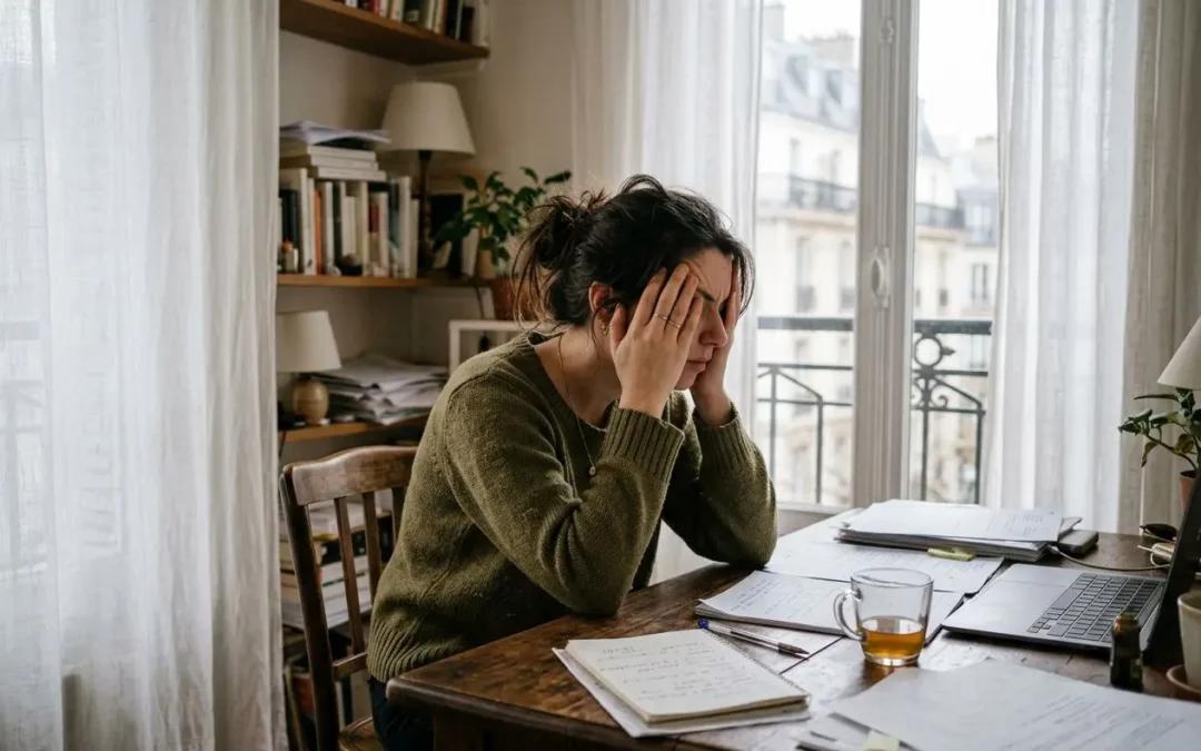 Femme assise à son bureau, tête dans les mains, visiblement stressée, avec des papiers et un ordinateur; ambiance d’étude et fatigue liée à l’anxiété sévère symptômes physiques fatigue.