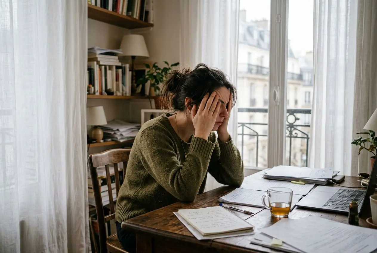 Femme assise à son bureau, tête dans les mains, visiblement stressée, avec des papiers et un ordinateur; ambiance d’étude et fatigue liée à l’anxiété sévère symptômes physiques fatigue.