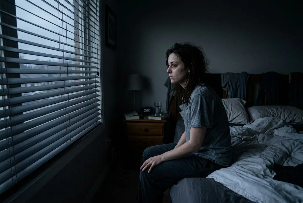 Femme assise sur le bord du lit dans une chambre sombre, regard perdu vers les stores en bordure de fenêtre, affichant 05:00 sur le réveil.