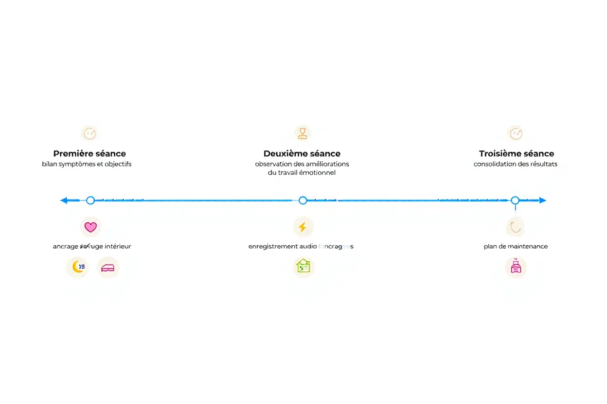 Graphe linéaire montrant trois étapes de séance d’hypnose pour burn-out, avec ancrage intérieur et plan de maintenance, en lien avec récupérer énergie et réduire l’épuisement. Hypnose burn out récupérer énergie.