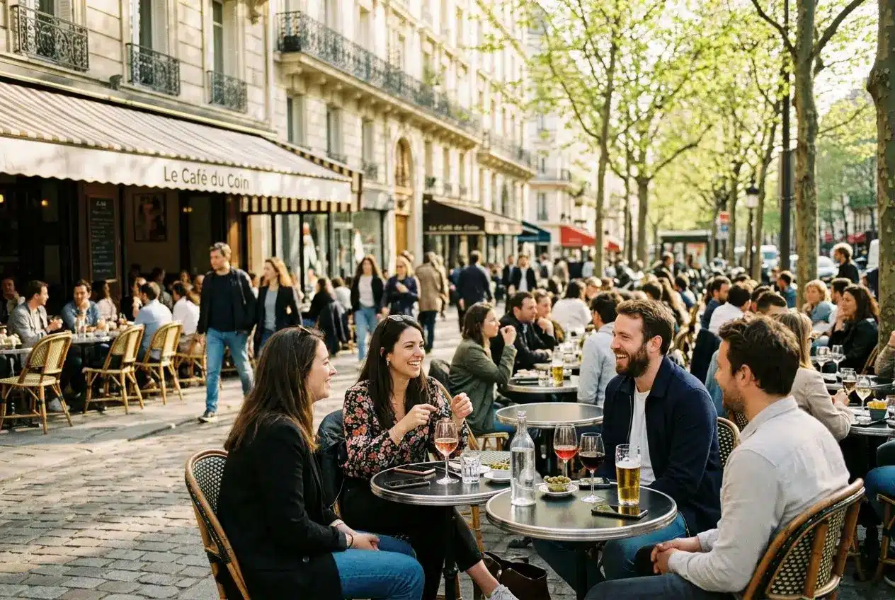 Groupe d’amis dégustant des boissons sur une terrasse parisienne, ambiance estivale et conviale en plein air.