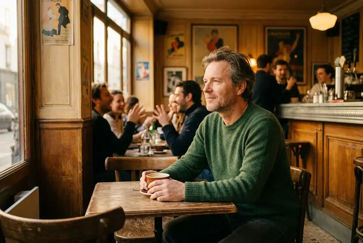 Homme assis seul à une table de café, calme, en costume vert, buvant une boisson et regardant droit devant. Ambiance chaleureuse et conviviale. vaincre sa timidité avec l'hypnose