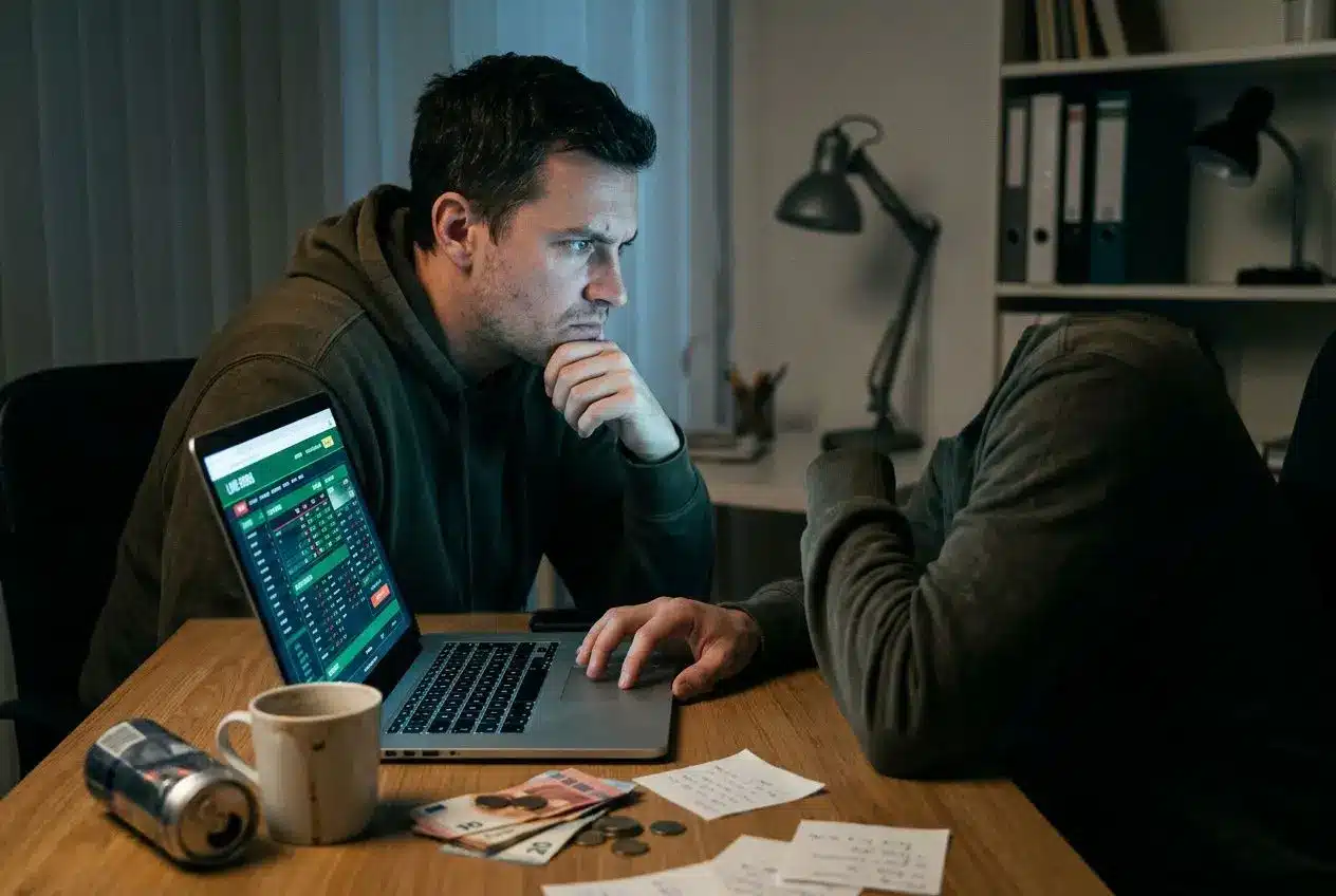 Homme concentré devant un ordinateur portable, devisant sur des jeux d’argent, avec billets et gobelet sur la table.