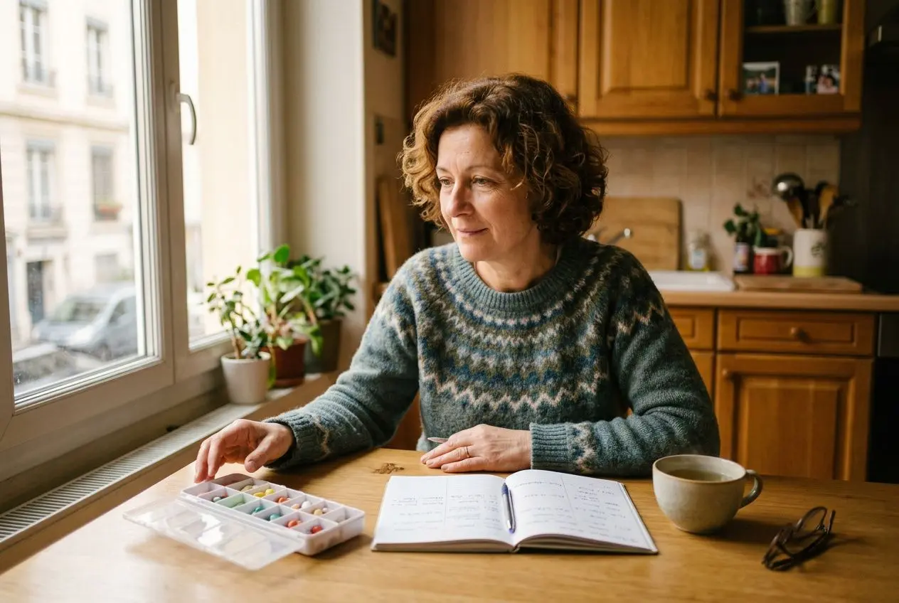 Homme/femme âgé(e) assis(e) à une table près d’une fenêtre, travaillant sur un planning ou carnet, avec des médicaments et une tasse près. Accompagnement maladie chronique.