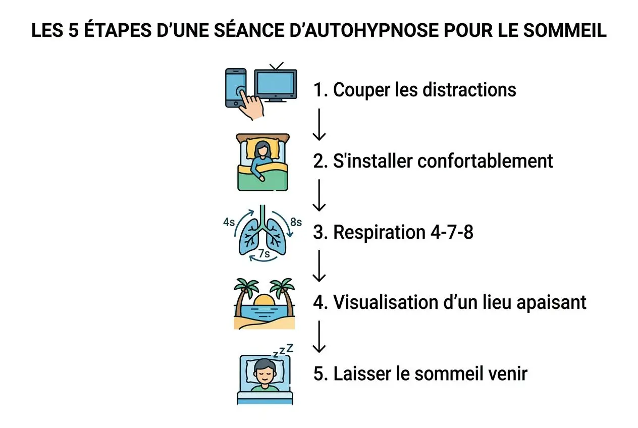 Hypertexte pédagogique montrant les 5 étapes d’une séance d’auto-hypnose pour le sommeil: couper les distractions, s’installer confortablement, respiration 4-7-8, visualisation d’un lieu apaisant, laisser le sommeil venir, intégrant hypnose pour dormir en 5 min.