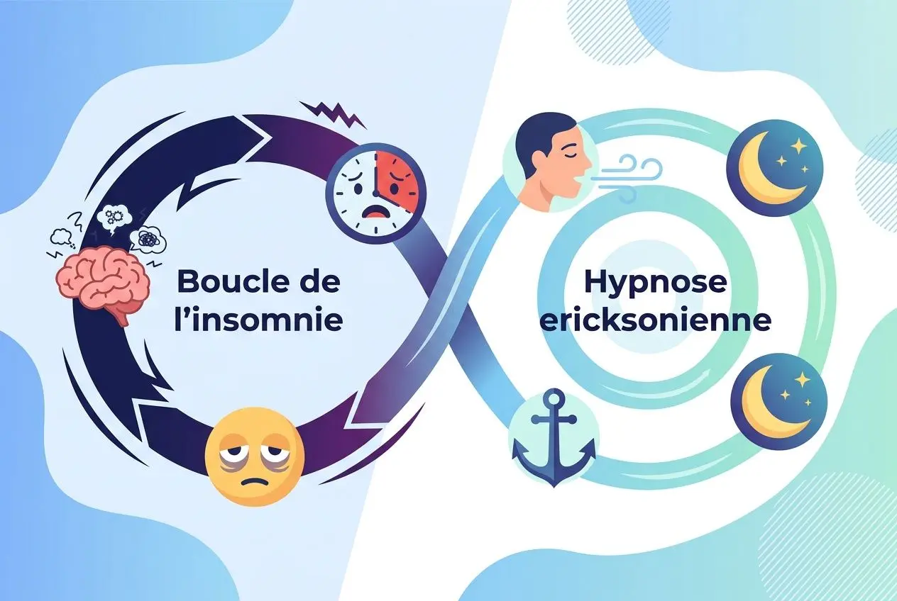 Hypnose pour dormir en 5 min : illustration montrant le cycle « Boucle de l’insomnie » avec cerveau et horloge et, de l’autre côté, « Hypnose ericksonienne » entourée de symboles nuit et ancres marines, sugerant relaxation rapide.
