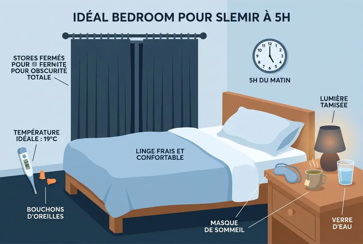 Illustration d’une chambre idéale pour dormir à 5h : lit bien fait, masque de sommeil, thermomètre, bouchons d’oreilles, verre d’eau et lampe, décor sombre et calme. comment se rendormir à 5h du matin