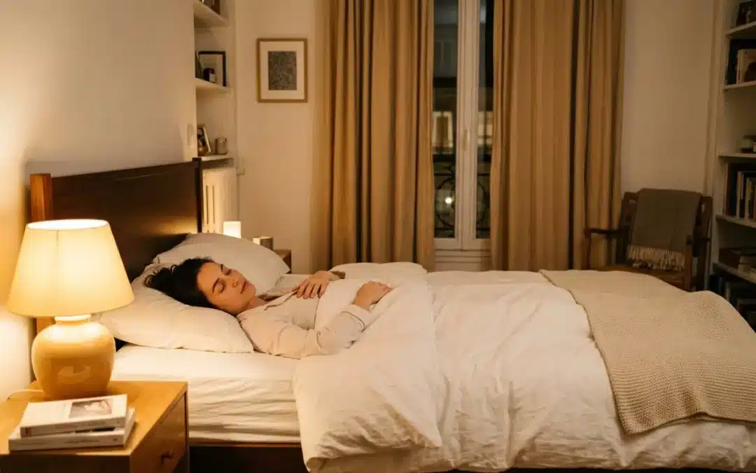 Personne dormant dans un lit douillet, lumière chaude d'une lampe de chevet, ambiance calme pour hypnose pour dormir en 5 min