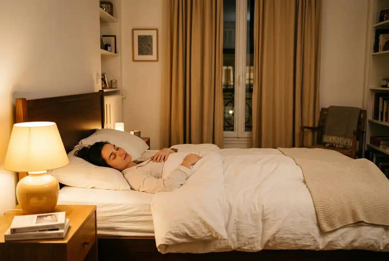 Personne dormant dans un lit douillet, lumière chaude d'une lampe de chevet, ambiance calme pour hypnose pour dormir en 5 min