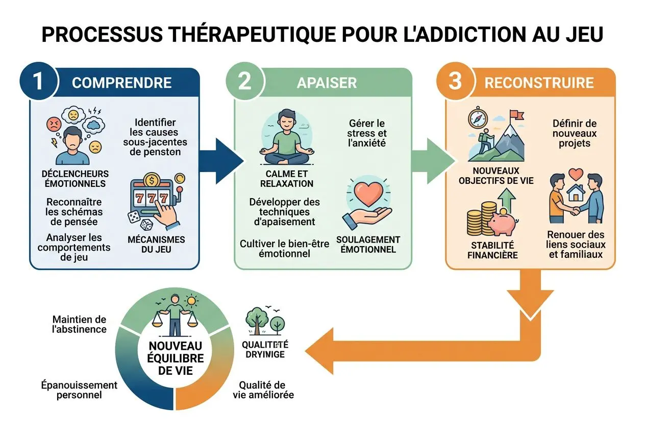 Schéma “Processus thérapeutique pour l’addiction au jeu”: étapes comprendre, apaiser et reconstruire, avec flèches et icônes représentant émotions, stress, objectifs et équilibre de vie. intégration: l'hypnose pour gérer les jeux d'argent.