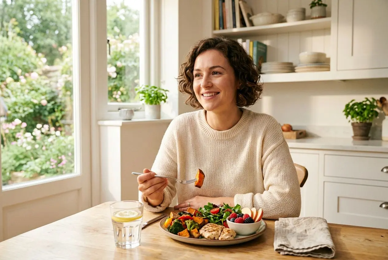 Femme souriante prenant un repas équilibré à la maison, montage naturel pour l'hypnose pour le sucre, assiette variée et verre d’eau.