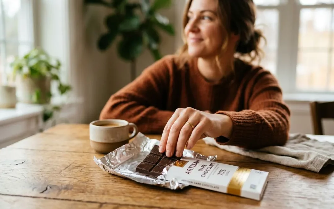 Femme souriante près d’un chocolat noir cassé sur la table, thé ou café à côté, image illustrant l’hypnose pour le sucre et la lutte contre l’addiction au sucré