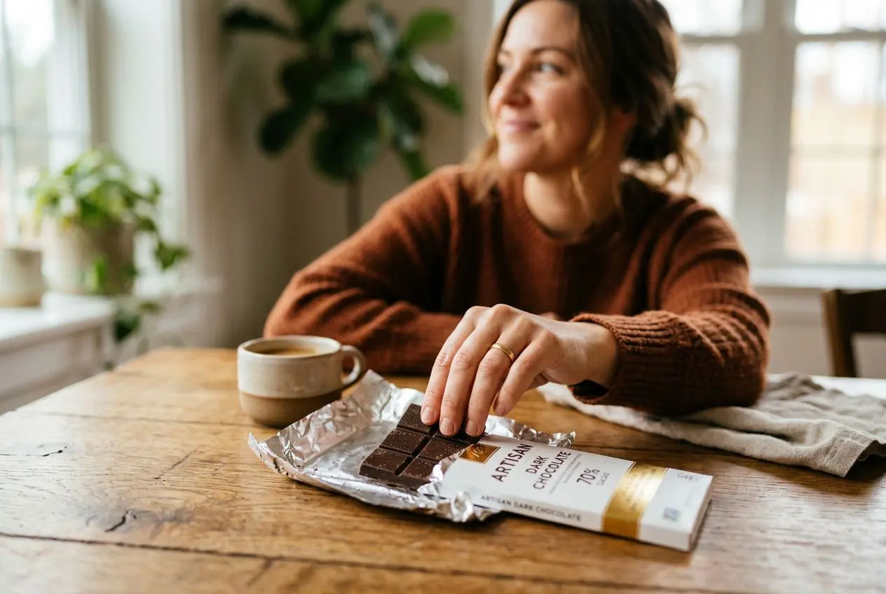 Femme souriante près d’un chocolat noir cassé sur la table, thé ou café à côté, image illustrant l’hypnose pour le sucre et la lutte contre l’addiction au sucré