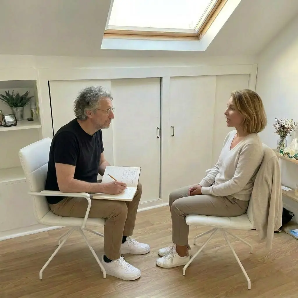Hypnothérapeute en consultation avec une patiente dans un cabinet lumineux; homme écrit dans un carnet, échanges sérieux et écoute active. Hypnothérapeute en consultation avec une patiente dans un cabinet lumineux; homme écrit dans un carnet, échanges sérieux et écoute active.
