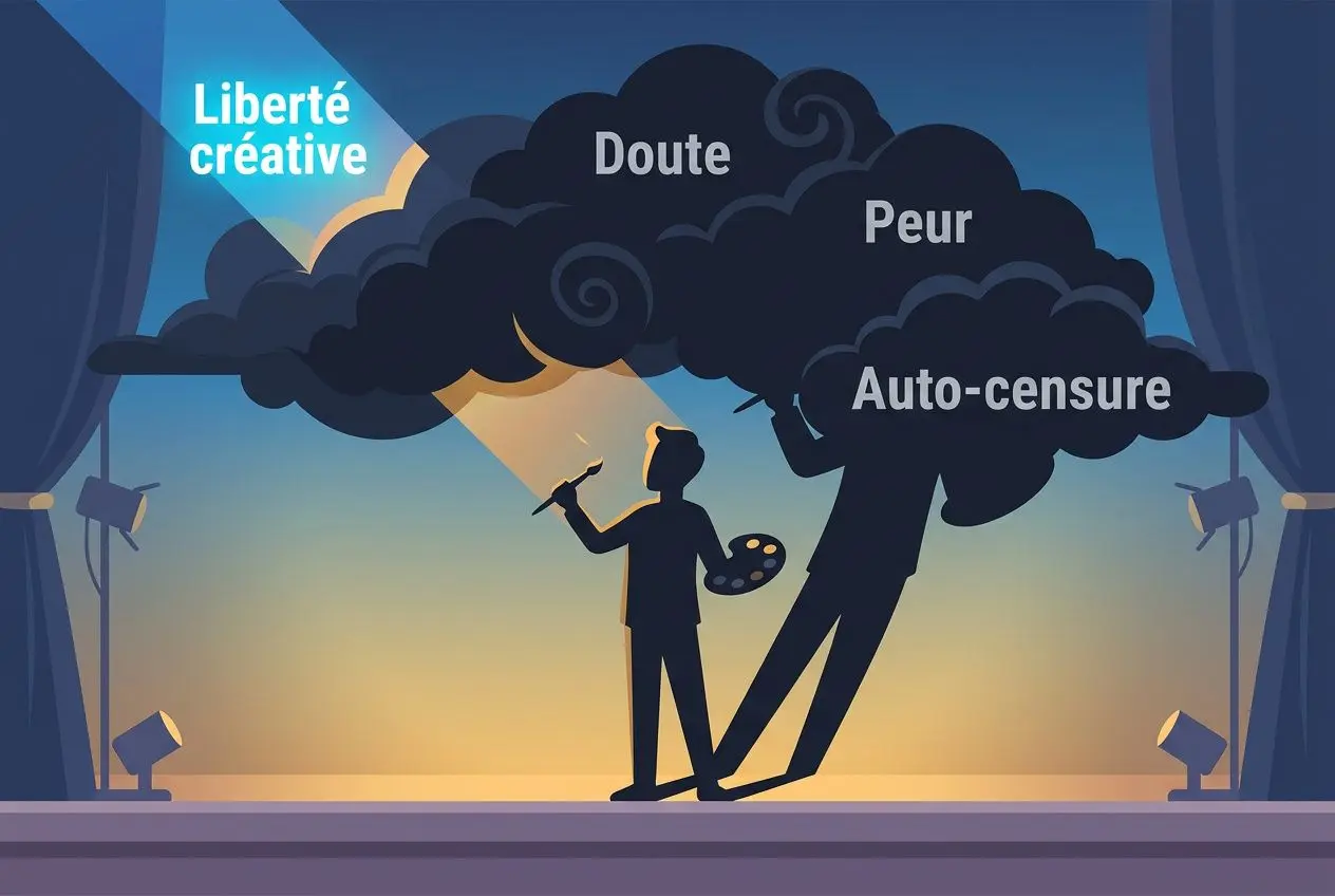 Illustration d’un artiste sur scène, éclairé par des projecteurs. Nuages noirs avec les mots “Doute”, “Peur”, “Auto-censure” et un pinceau; en haut à gauche, “Liberté créative”. Alt intégré: hypnose pour les artistes? Must include keyword. Include naturally. Let's craft: "Artiste sur scène sous lumière, entouré de mots Doute, Peur et Auto-censure, illustration évoquant hypnose pour les artistes et libération créative." Ensure 125 chars. Count: "Artiste sur scène sous lumière, entouré de mots Doute, Peur et Auto-censure, illustration évoquant hypnose pour les artistes et libération créative." That's long; let's shorten. Proposed: "Artiste sur scène sous lumière, entouré de Doute, Peur et Auto-censure; illustration évoquant l’hypnose pour les artistes et liberté créative." Check length ~ 131. Need <=125. Let's trim: "Artiste sur scène sous lumière, entouré de Doute, Peur et Auto-censure; illustration évoquant l’hypnose pour les artistes et liberté créative." Still long. Try: "Artiste sur scène sous lumière, entouré de Doute et Auto-censure; image évoquant l’hypnose pour les artistes et liberté créative." Count shorter. Let's finalize: "Artiste sur scène sous lumière, entouré de Doute et Auto-censure; image évoquant l’hypnose pour les artistes et liberté créative." Artiste sur scène sous lumière, entouré de Doute et Auto-censure; image évoquant l’hypnose pour les artistes et liberté créative.