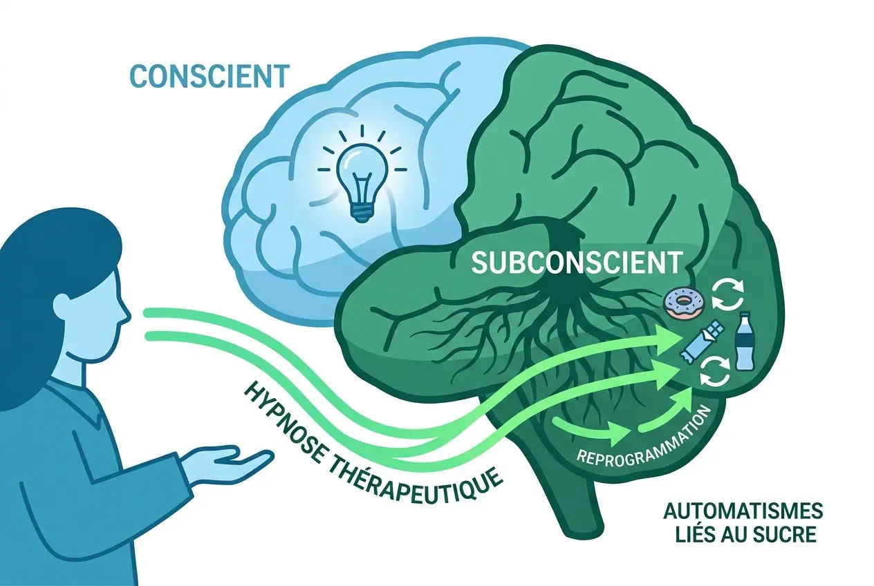 Illustration d’un cerveau avec conscient et subconscient, hypnose thérapeutique guidant la réinformation pour l’hypnose pour le sucre et l’automatisme lié au sucre.