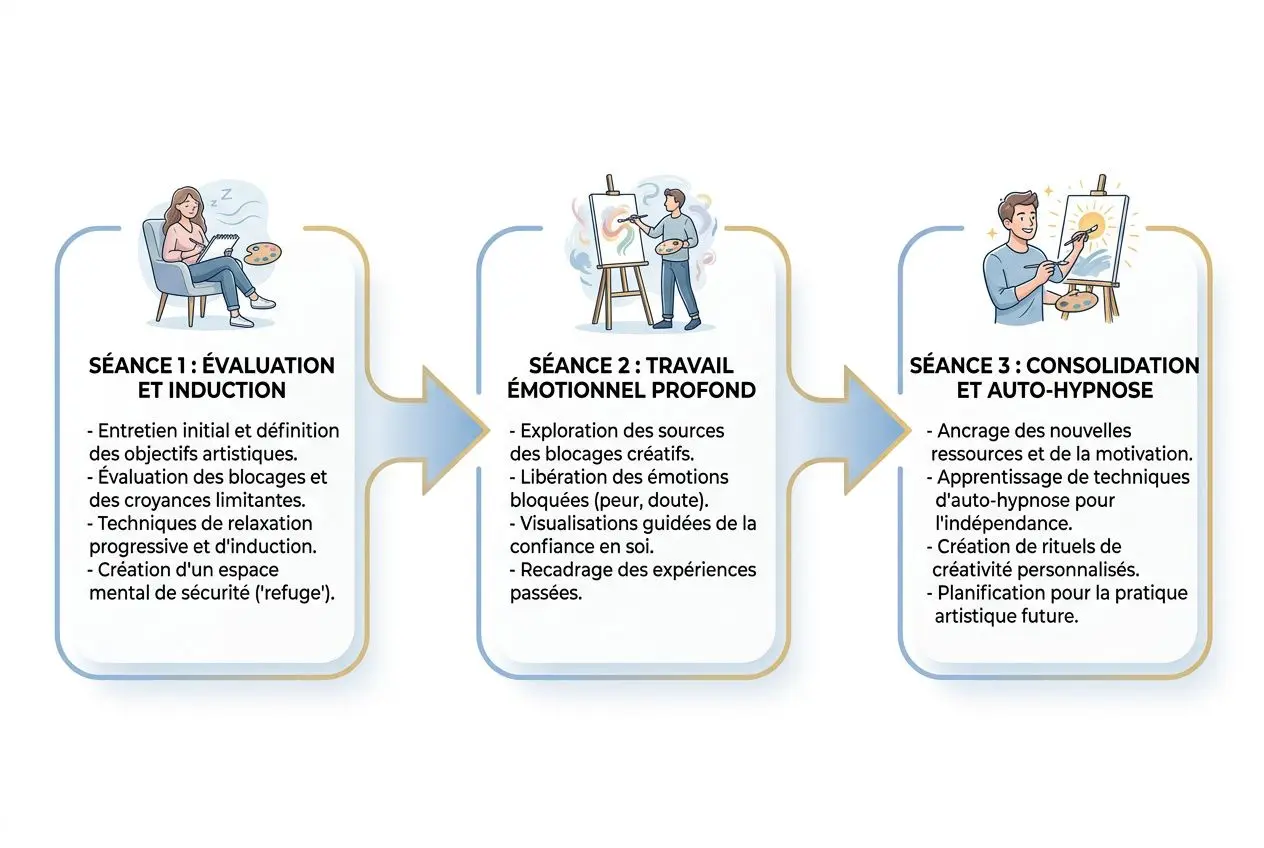Schéma décrivant l’hypnose pour les artistes : étapes d’évaluation, travail émotionnel profond et consolidation auto-hypnose pour booster créativité et performance.