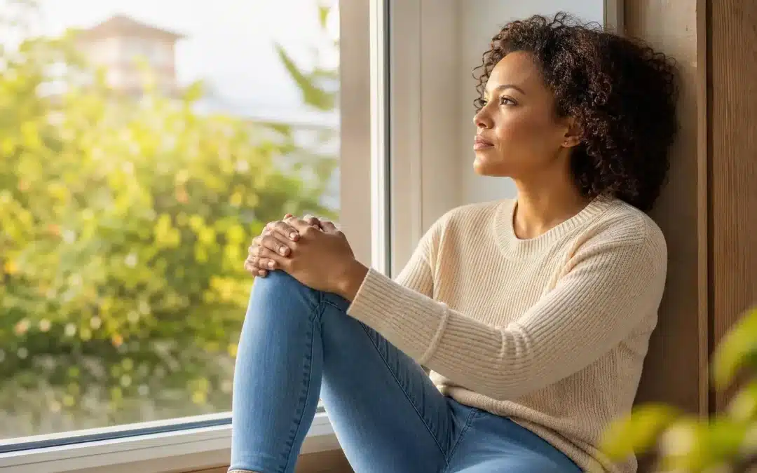 Femme assise près d'une fenêtre, yeux tournés au loin, gestes calmes et posture réfléchie, ambiance apaisante. Hypnose contre traumatisme en lien avec le stress post-traumatique.