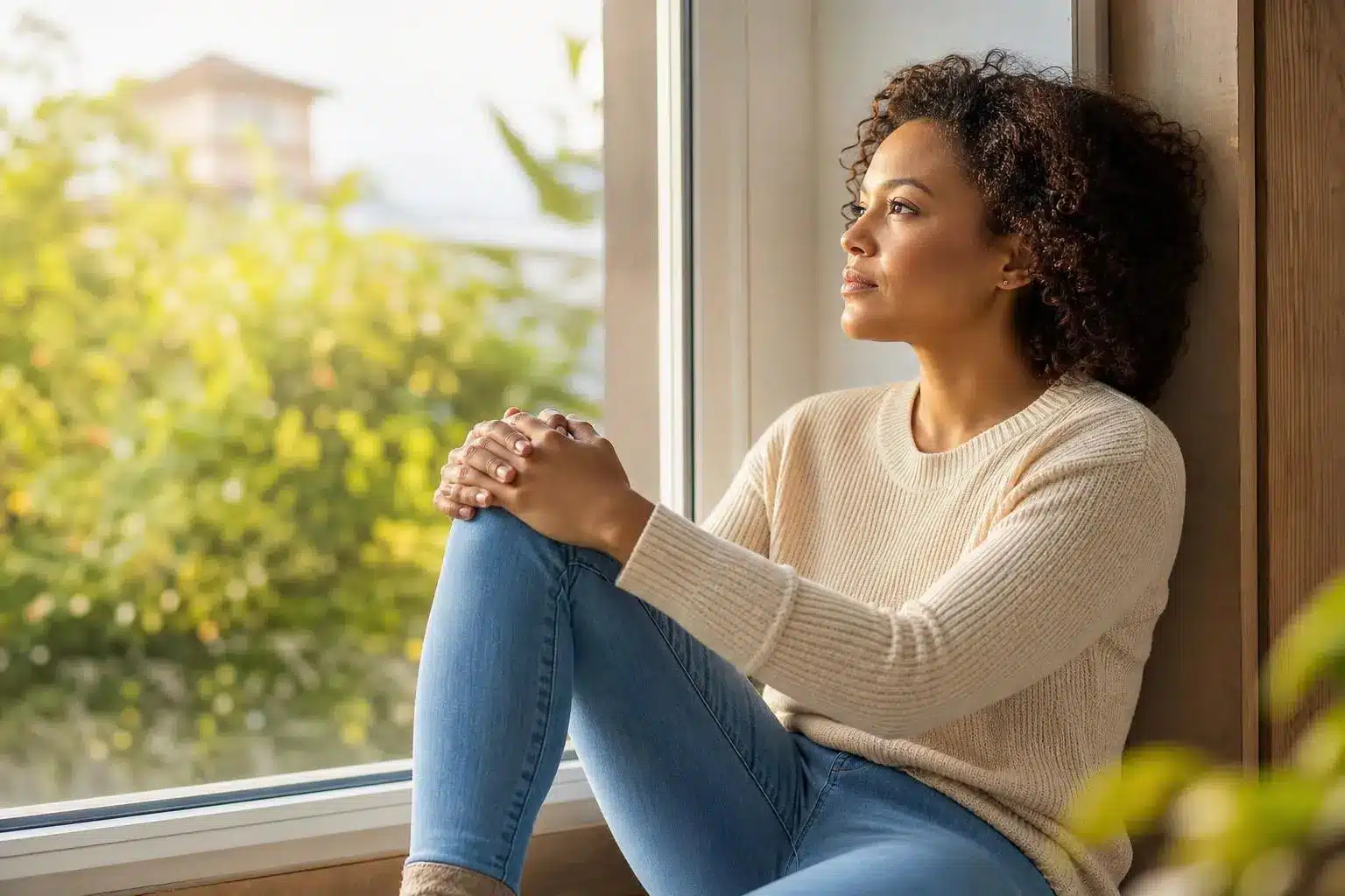 Femme assise près d'une fenêtre, yeux tournés au loin, gestes calmes et posture réfléchie, ambiance apaisante. Hypnose contre traumatisme en lien avec le stress post-traumatique.