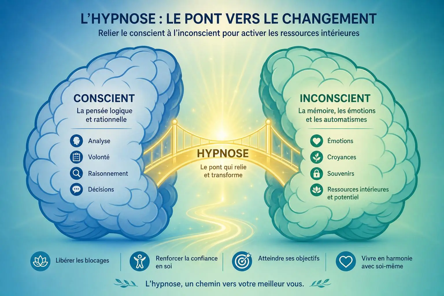 Hypnose contre traumatisme: illustration d’un pont guidant les conscients et les inconscients vers transforme, avec effets sur émotions et mémoire.