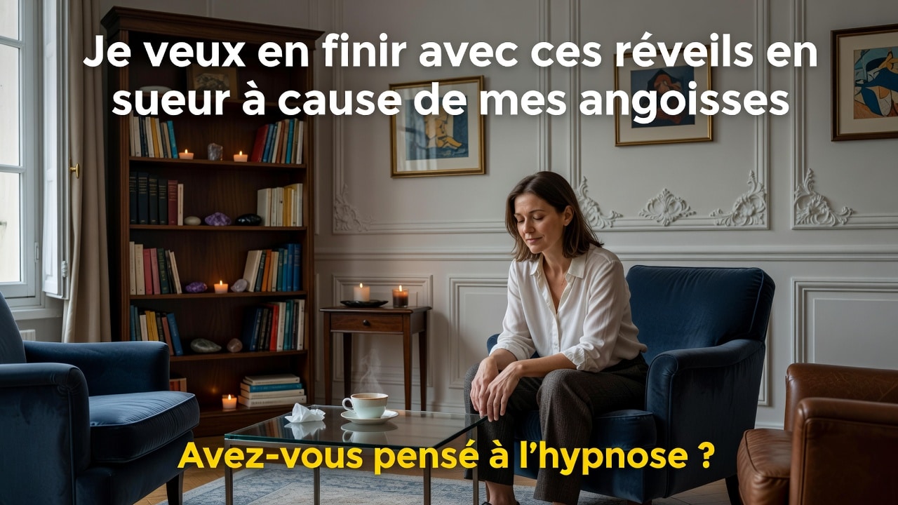 Femme en séance d'hypnothérapie dans un cabinet parisien, épuisée mais apaisée, regardant vers le sol